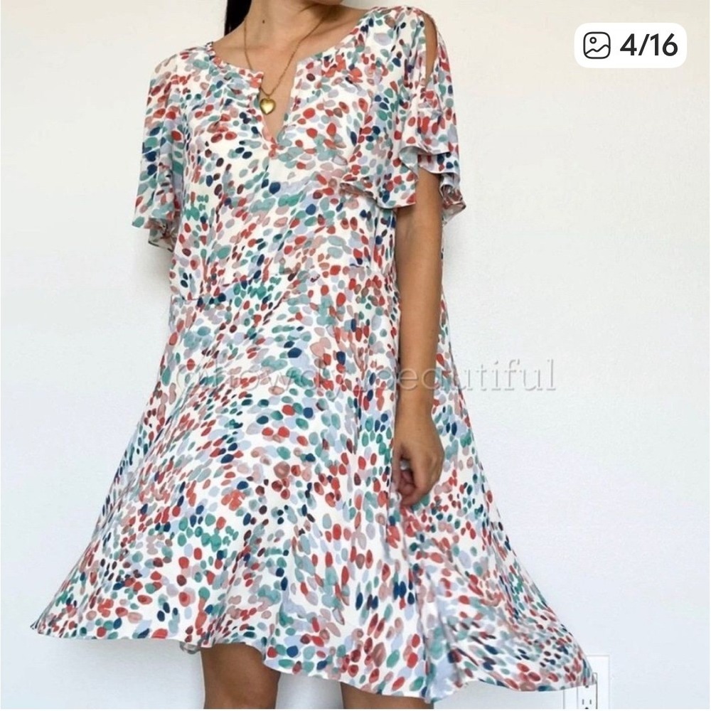Maeve Anthropologie Watercolor‎ Dot Cold Shoulder Flutter Sleeve Midi Dress M